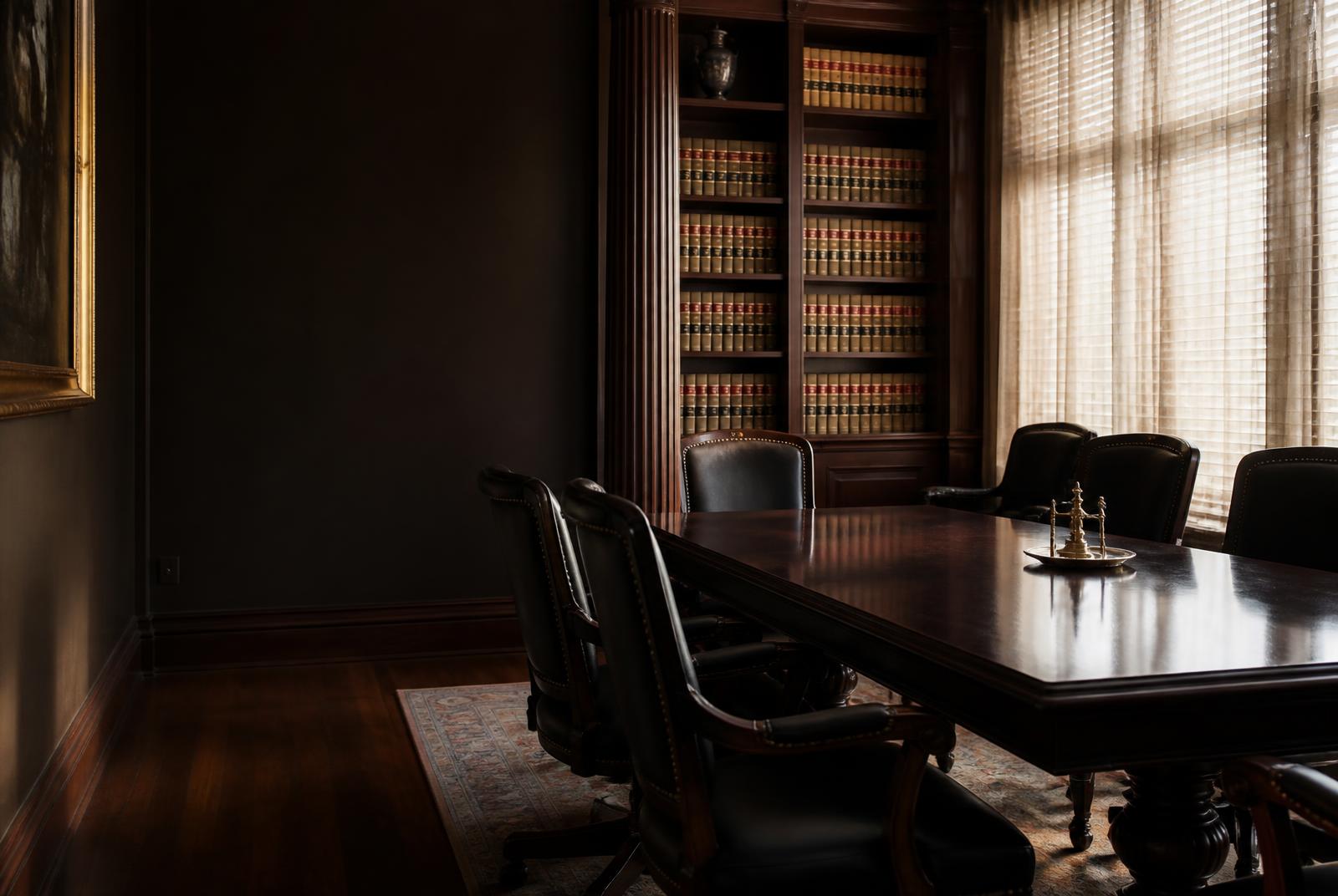 Executive legal conference room with law volumes and morning light